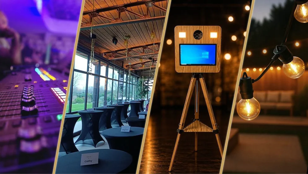 Régie son, mange-debout, photobooth et guirlandes lumineuses
